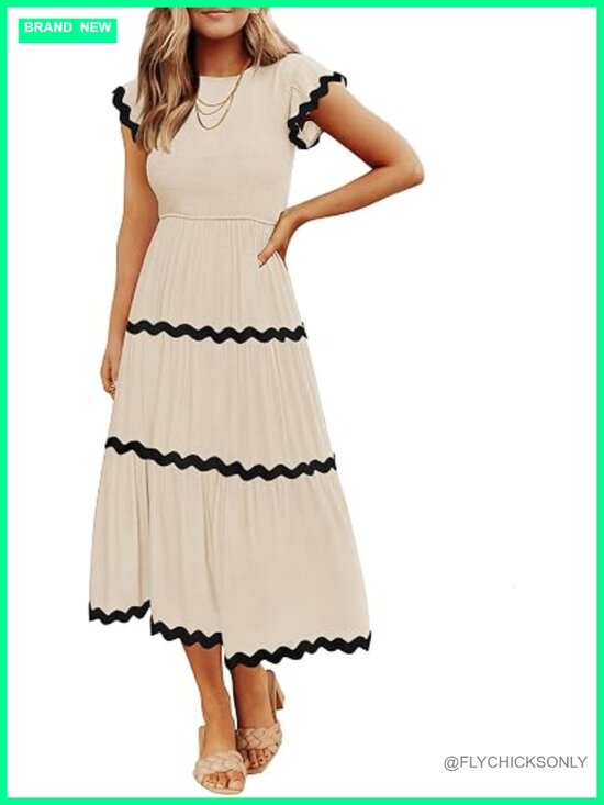 Dresses & Skirts - Flutter Short Sleeve Smocked High Waist Midi Dress Tiered Boho Casual